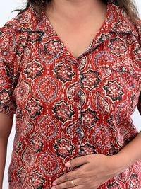 Maroon Ajrakh Printed Kantha Cotton Shirt Pyjama Set | Free Size |