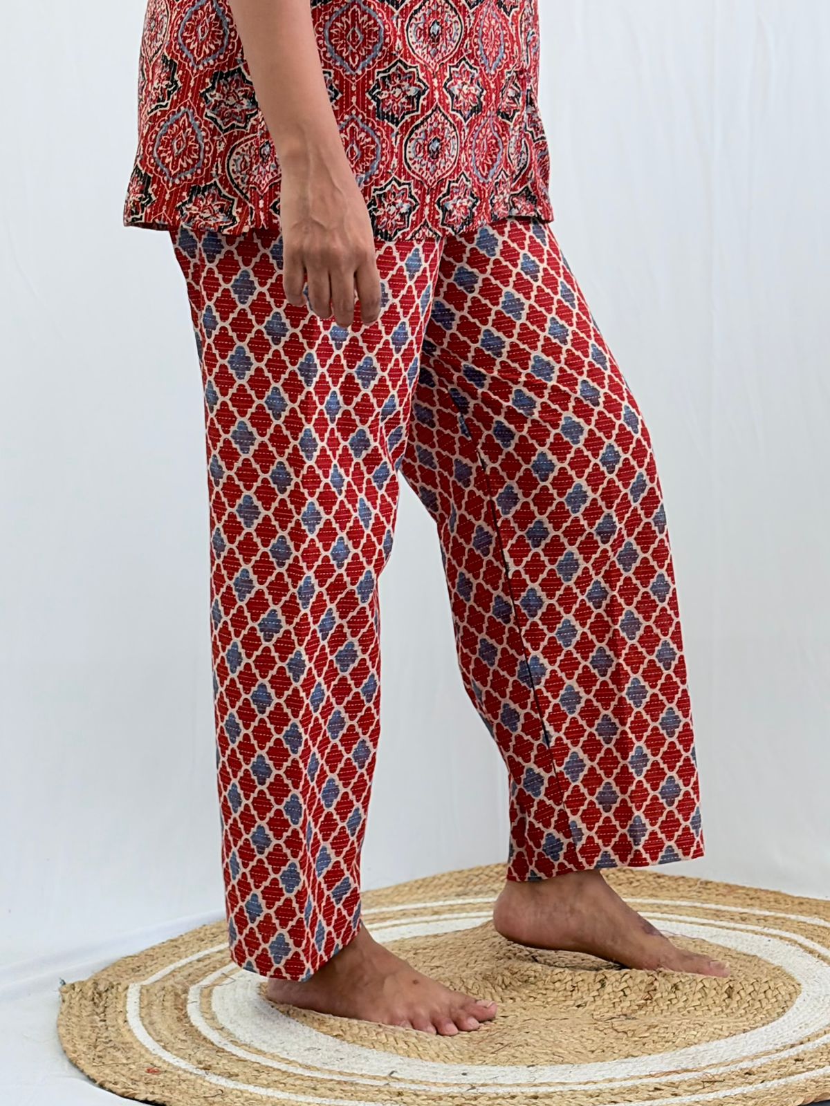 Maroon Ajrakh Printed Kantha Cotton Shirt Pyjama Set | Free Size |