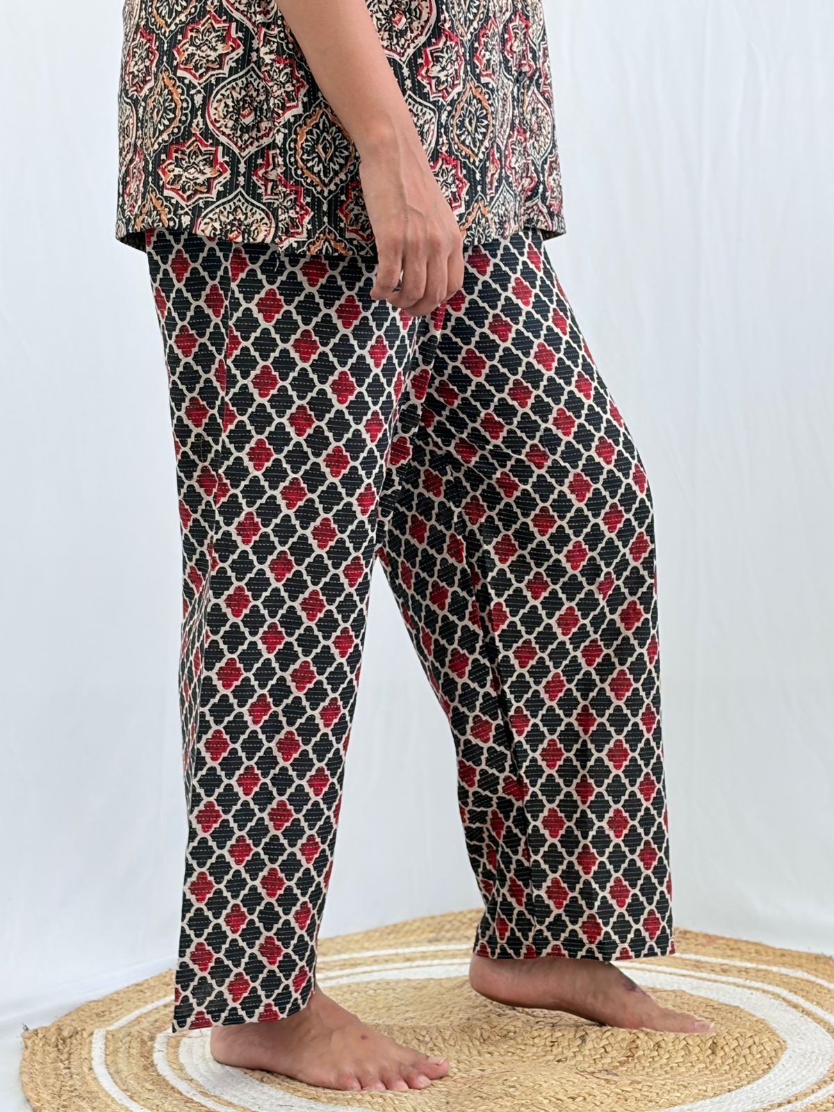 Black Ajrakh Printed Kantha Cotton Shirt Pyjama Set | Free Size |