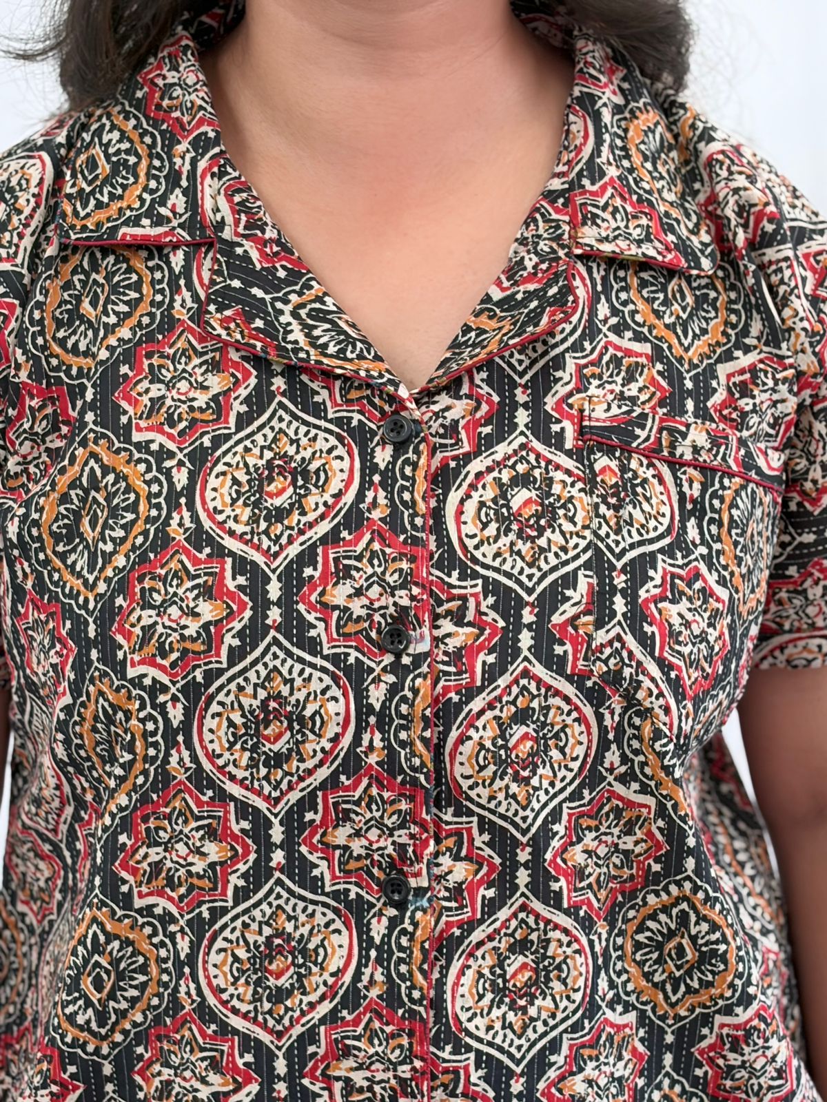 Black Ajrakh Printed Kantha Cotton Shirt Pyjama Set | Free Size |