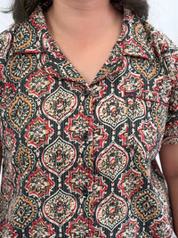 Black Ajrakh Printed Kantha Cotton Shirt Pyjama Set | Free Size |
