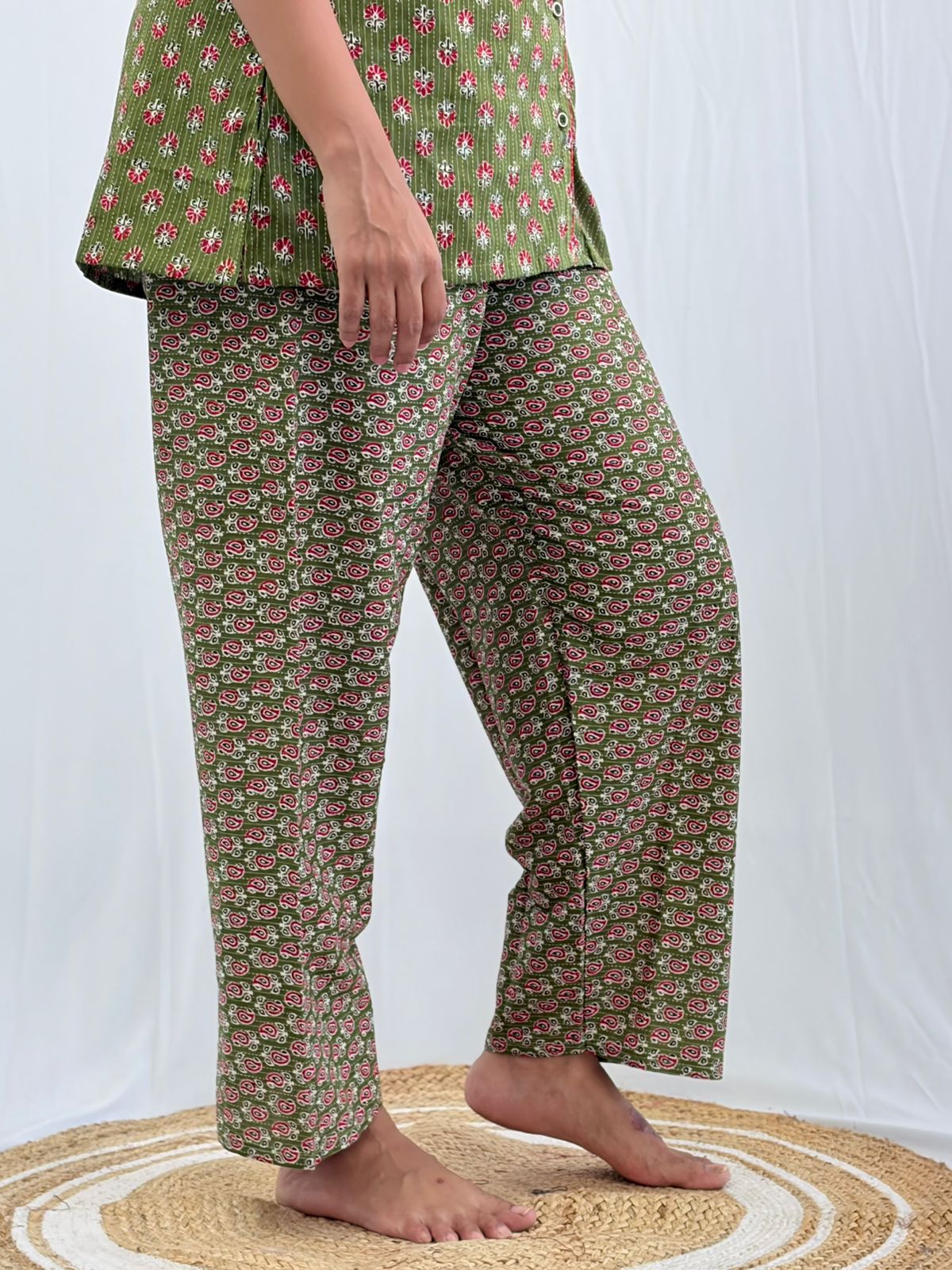 Red Floral Printed Green Kantha Cotton Shirt Pyjama Set | Free Size |