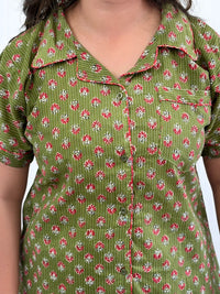 Red Floral Printed Green Kantha Cotton Shirt Pyjama Set | Free Size |