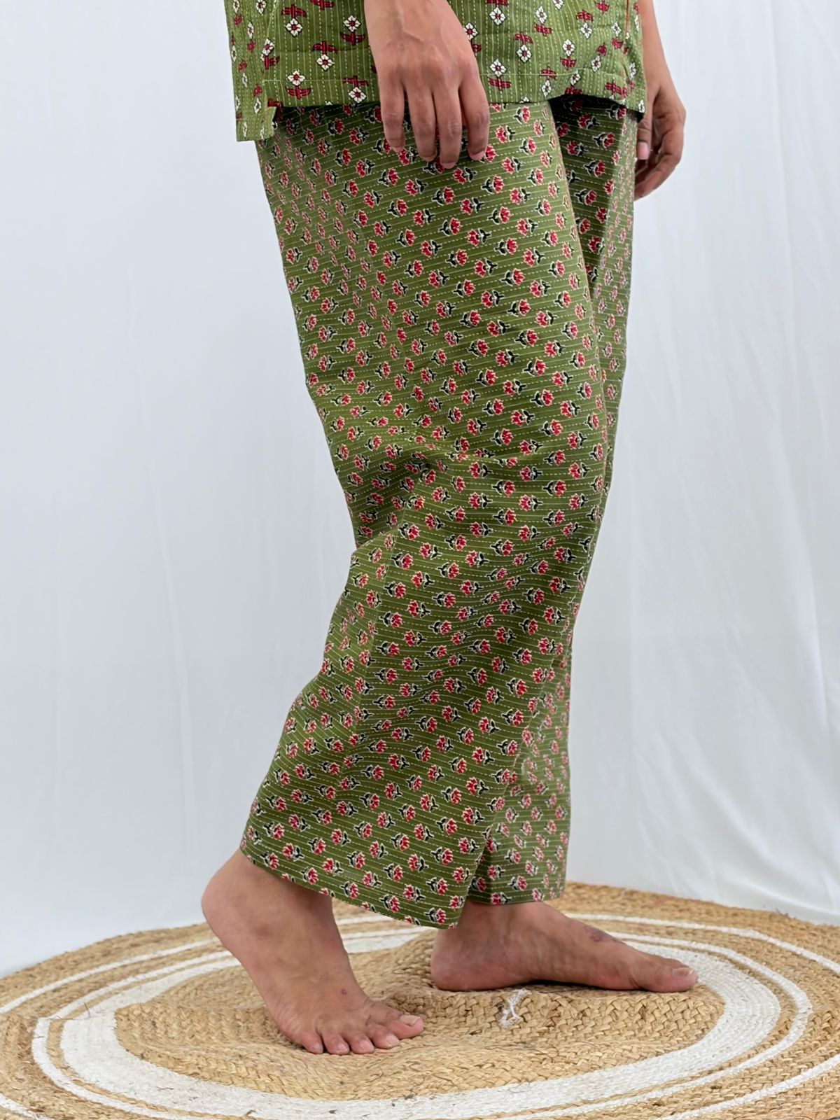 Green Floral Printed Kantha Cotton Shirt Pyjama Set | Free Size |