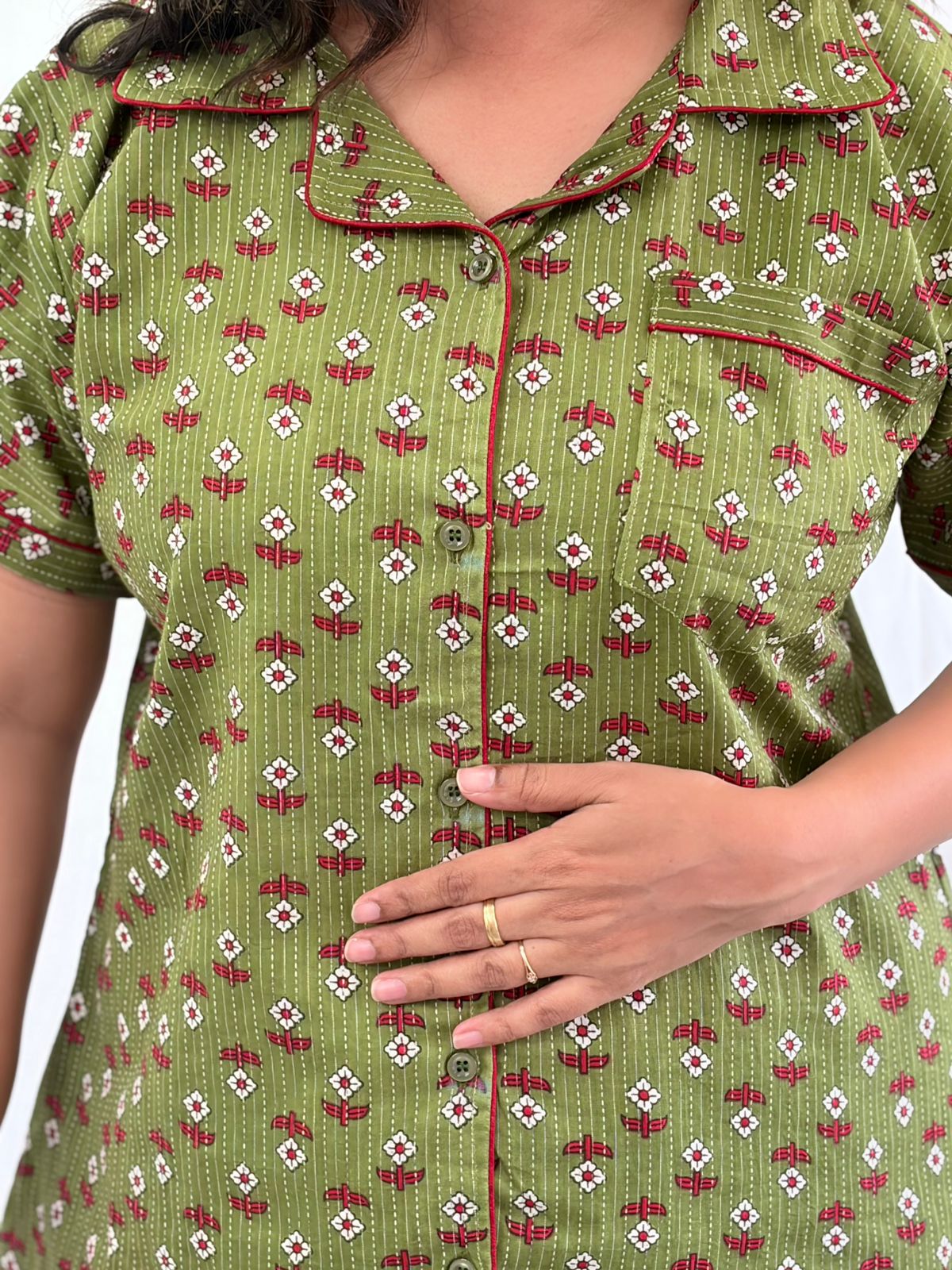 Green Floral Printed Kantha Cotton Shirt Pyjama Set | Free Size |