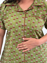Green Floral Printed Kantha Cotton Shirt Pyjama Set | Free Size |