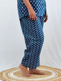 Blue Floral Printed Kantha Cotton Shirt Pyjama Set | Free Size |