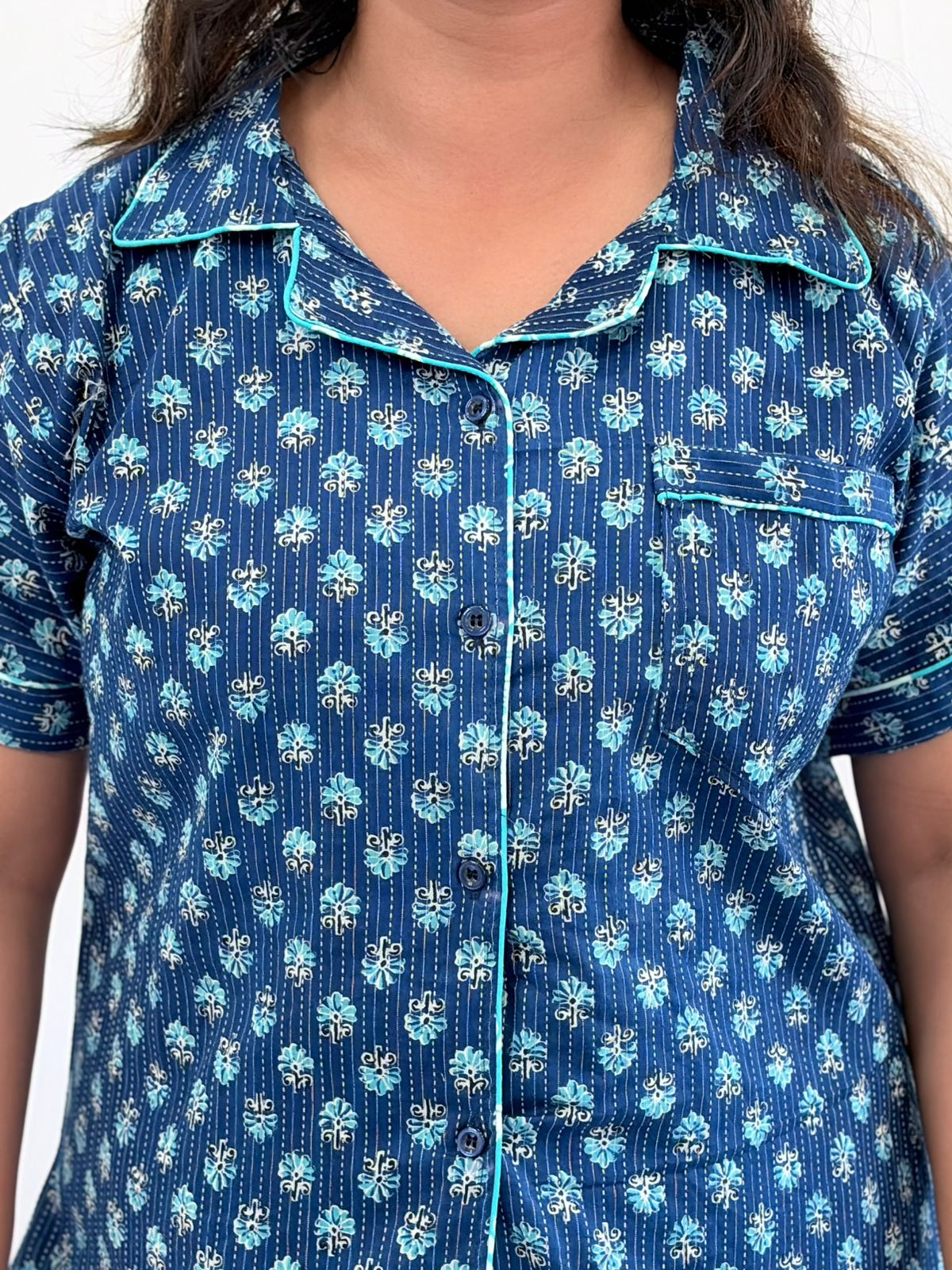 Blue Floral Printed Kantha Cotton Shirt Pyjama Set | Free Size |