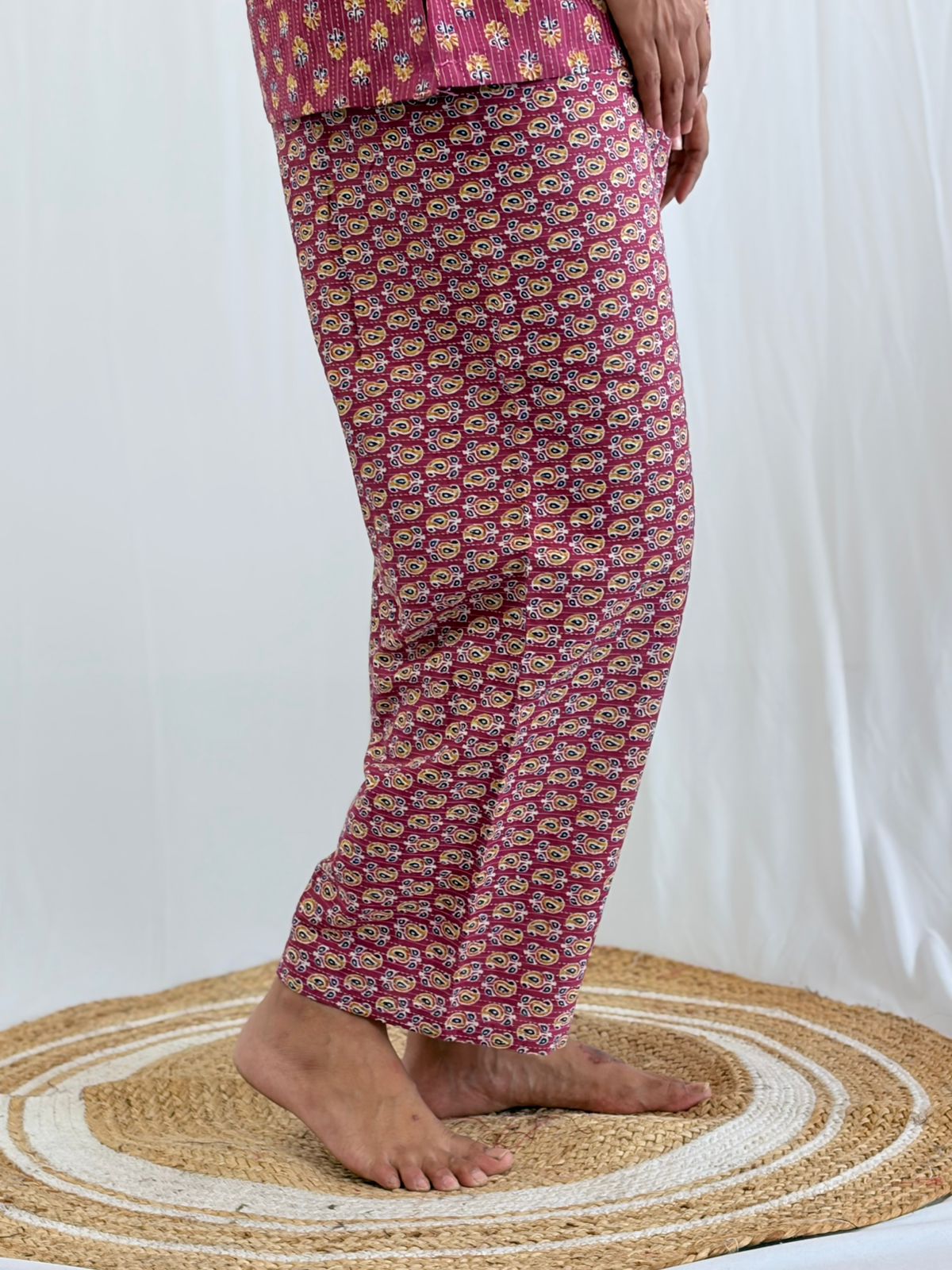Mauve Floral Printed Kantha Cotton Shirt Pyjama Set | Free Size |