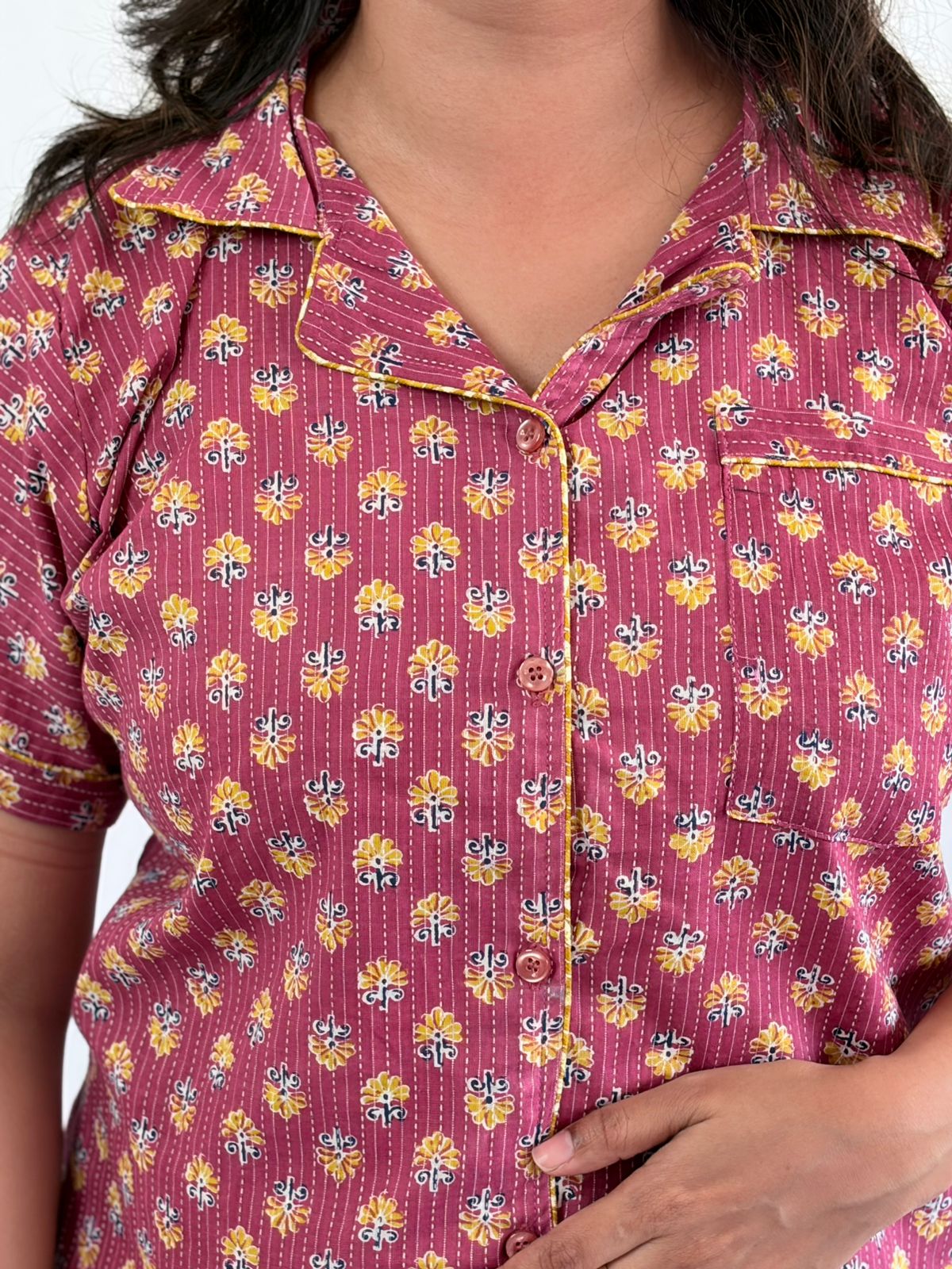 Mauve Floral Printed Kantha Cotton Shirt Pyjama Set | Free Size |