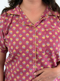 Mauve Floral Printed Kantha Cotton Shirt Pyjama Set | Free Size |