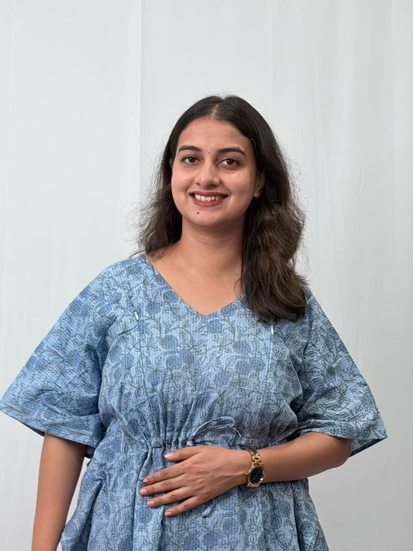 Pastel Blue Floral Printed Kantha Cotton Feeding Kaftan Loungewear Pyjama Set | Free Size