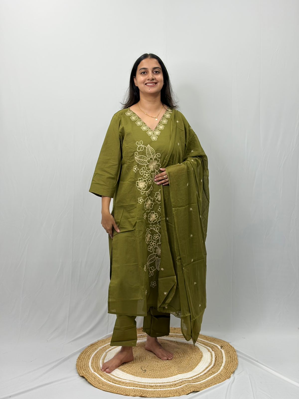 Olive Green Floral Embroidered Cotton  3 Piece Set