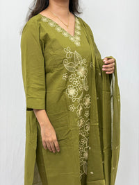 Olive Green Floral Embroidered Cotton  3 Piece Set