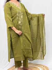 Olive Green Floral Embroidered Cotton  3 Piece Set