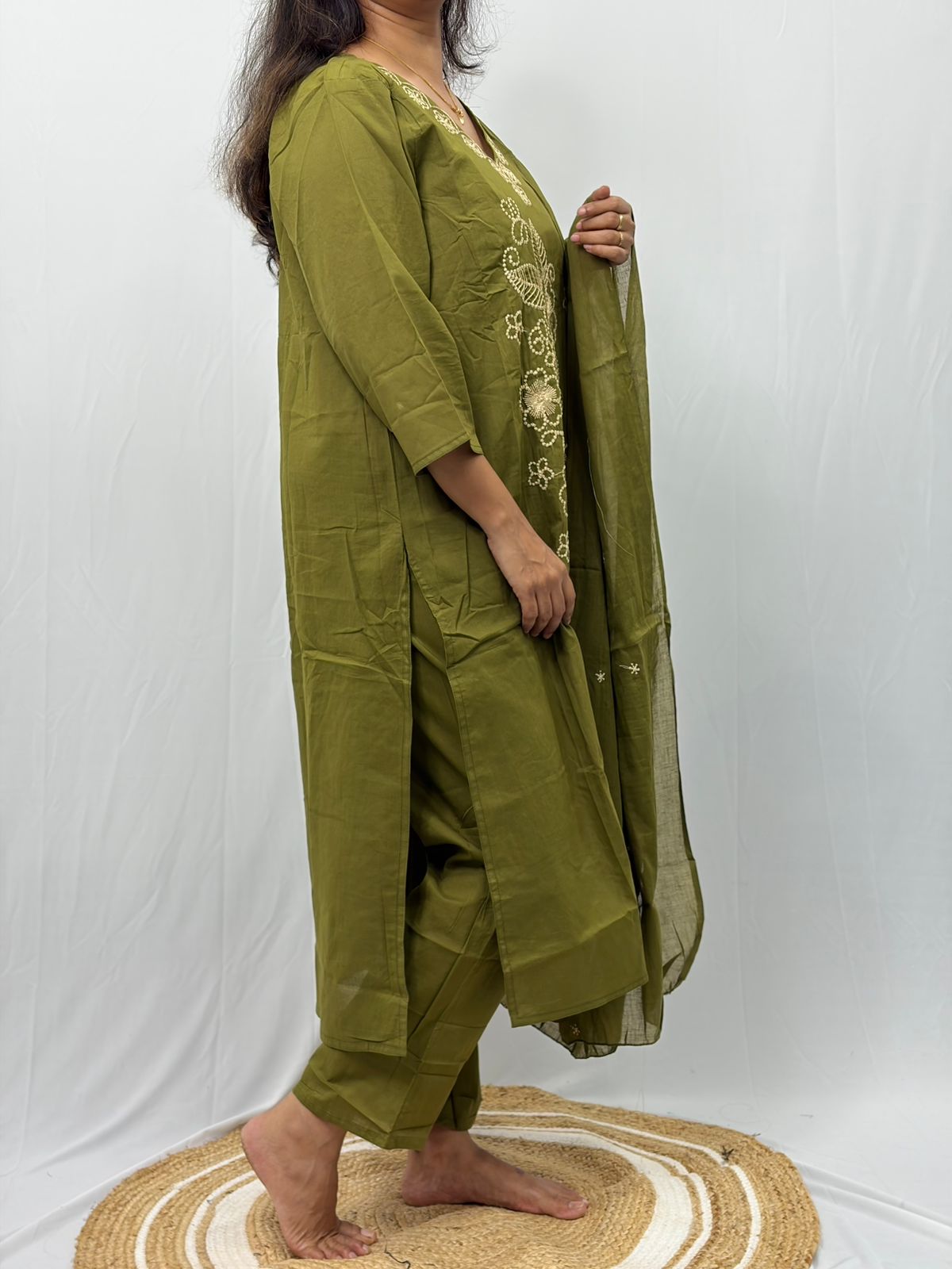 Olive Green Floral Embroidered Cotton  3 Piece Set