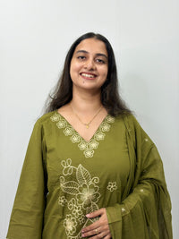 Olive Green Floral Embroidered Cotton  3 Piece Set
