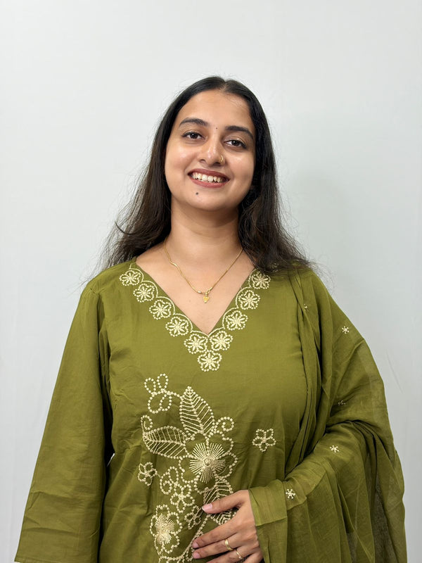 Olive Green Floral Embroidered Cotton Feeding 3 Piece Set