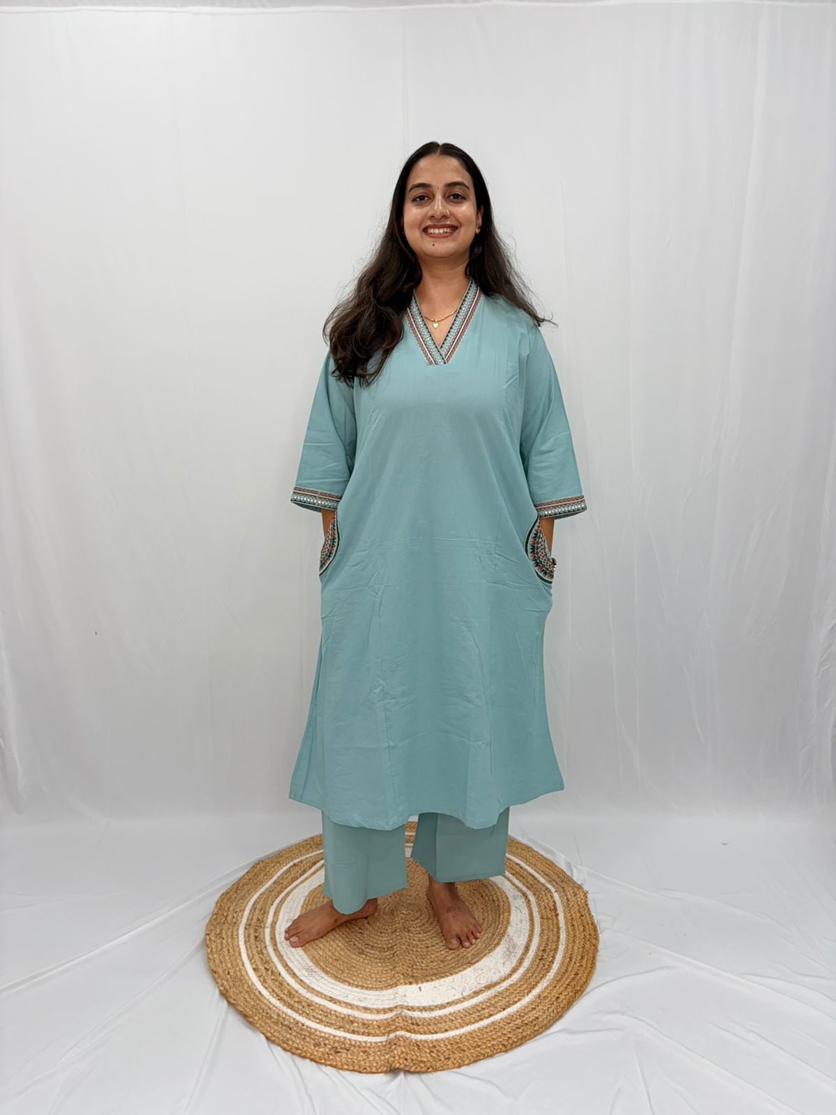 Blue V- Collar Neck Cotton Co-ord Set