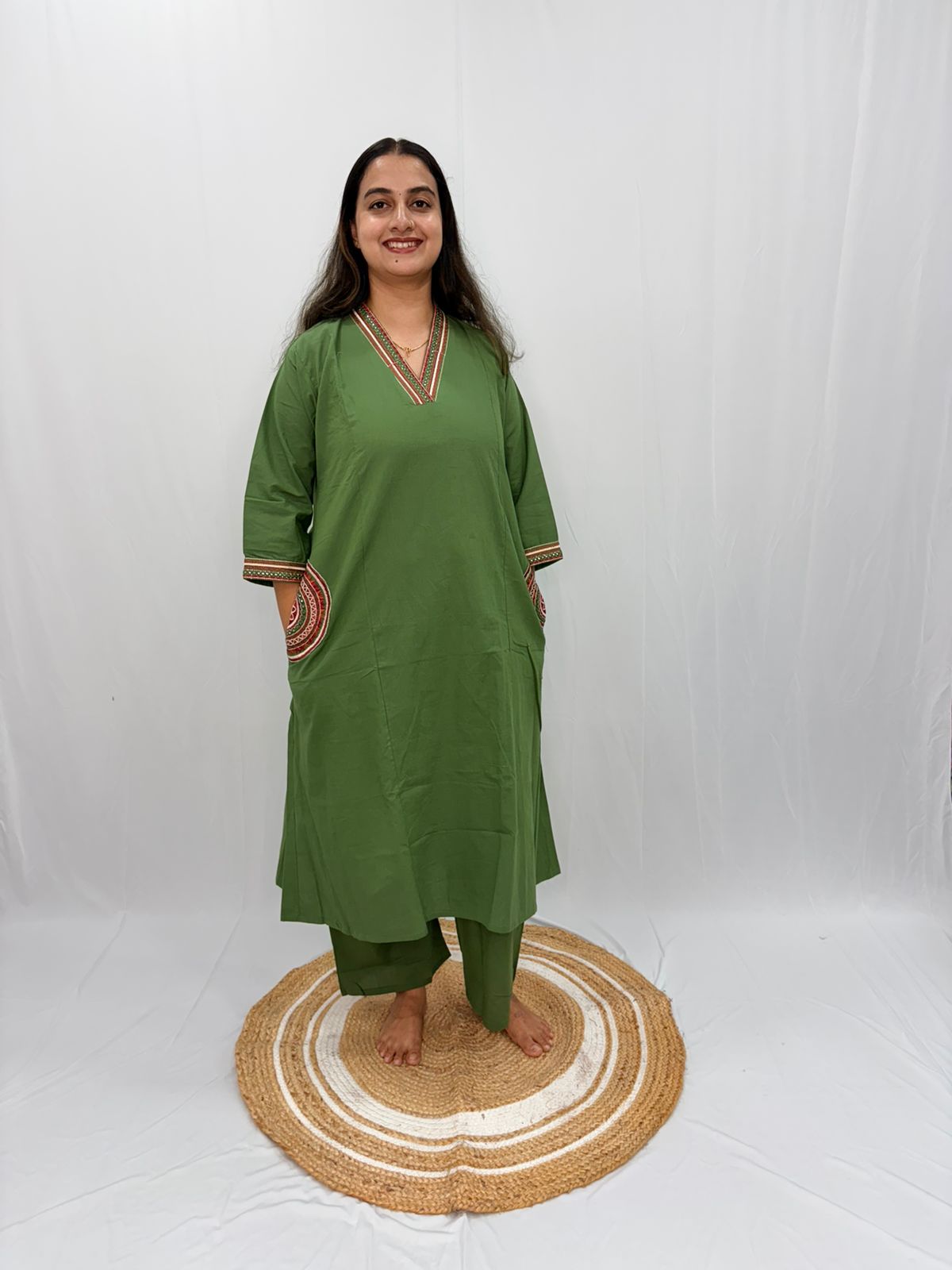 Green V- Collar Neck Cotton Co-ord Set