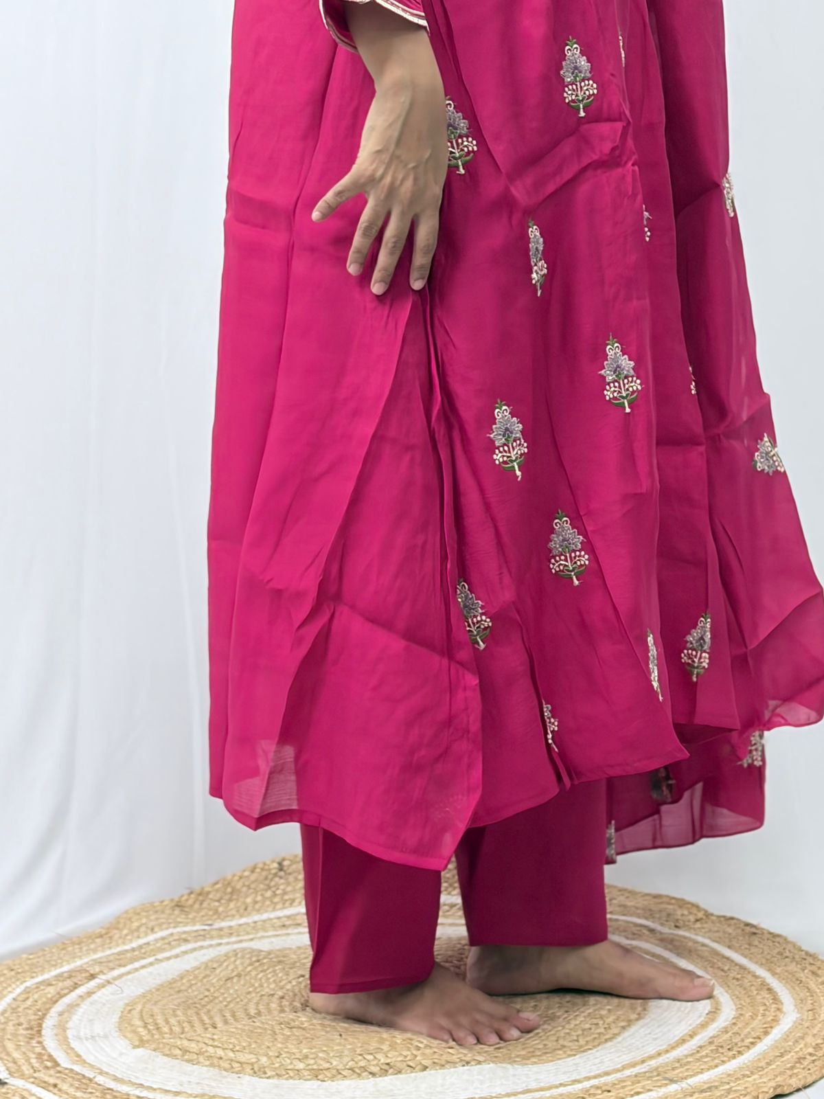 Rani Pink Floral Embroidered Mul Chanderi 3 Piece Set