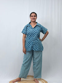 Blue Kalamkari Printed Kantha Cotton Shirt Pyjama Set | Free Size |