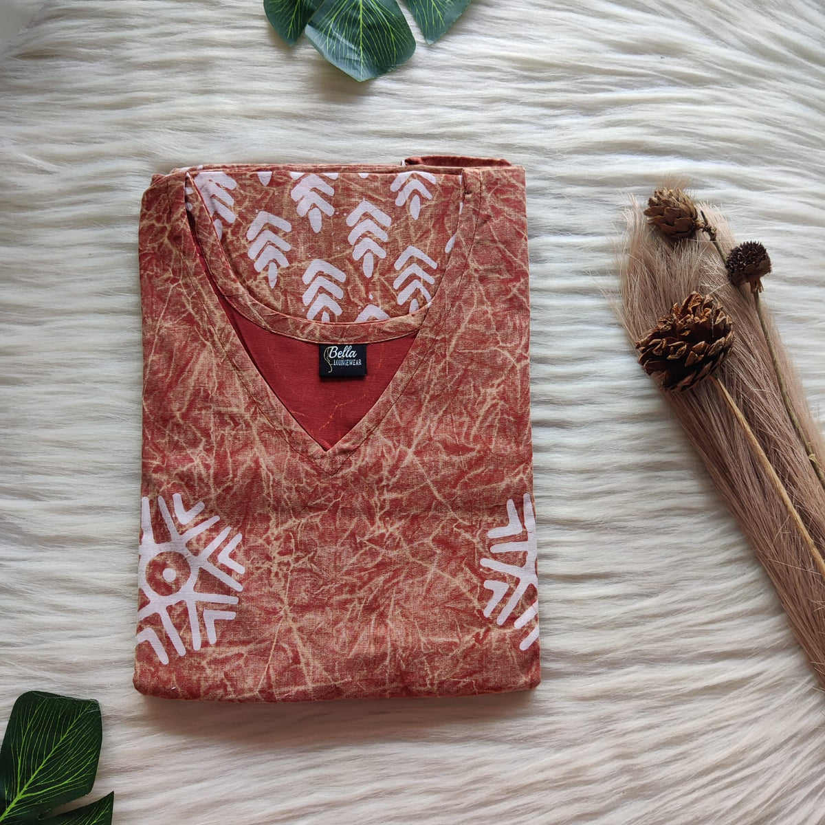 Brick Red Printed Cotton Non Feeding Kaftan | Free Size | Chest Width 44″| Length 56″