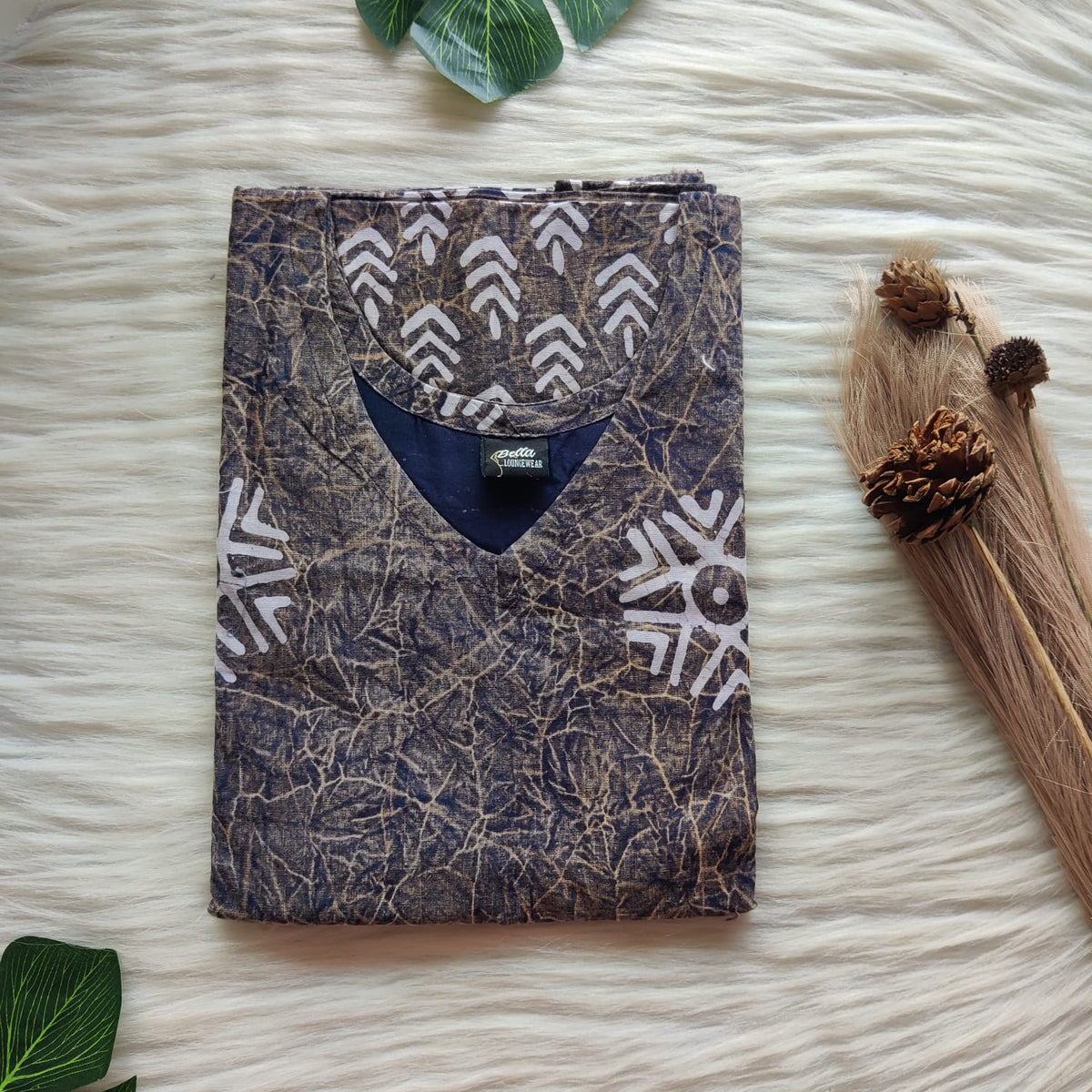 Navy Blue Printed Brown Cotton Non Feeding Kaftan | Free Size | Chest Width 44″| Length 56″