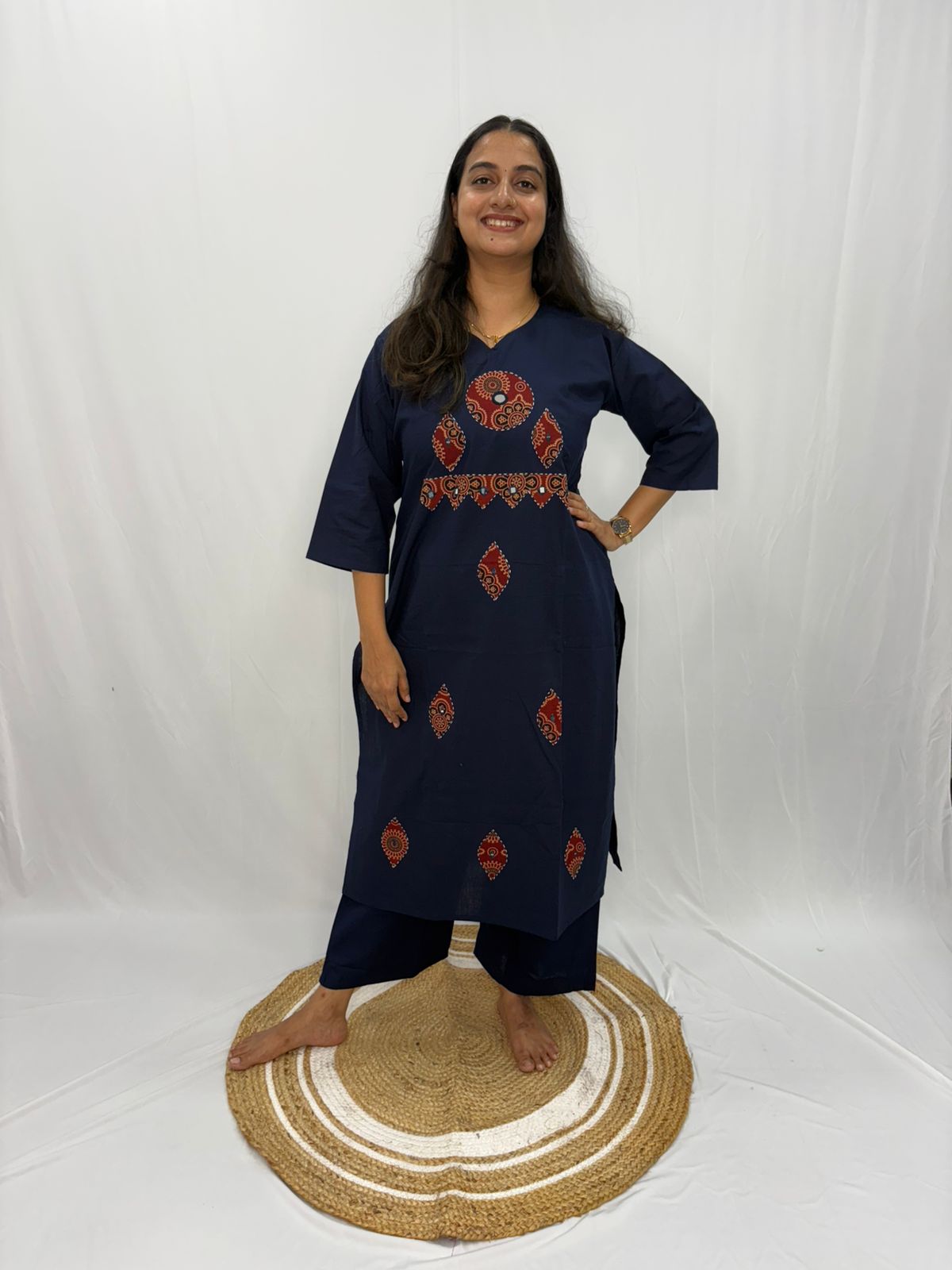 Navy Blue Ajrakh Diamond Neck Cotton Co-ord Set