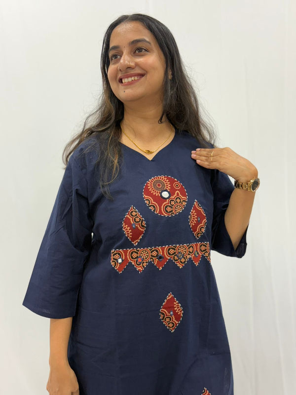 Navy Blue Ajrakh Diamond Neck Cotton Feeding Co-ord Set
