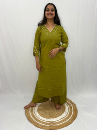 Green V- Neck Cotton Co-ord Set