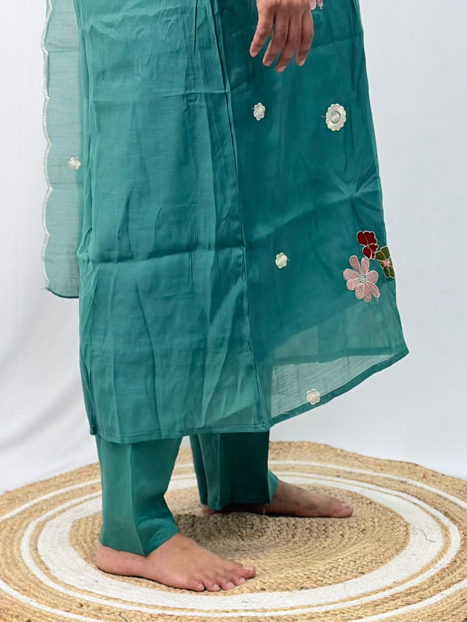 Green Floral Embroidered 3 Piece Set