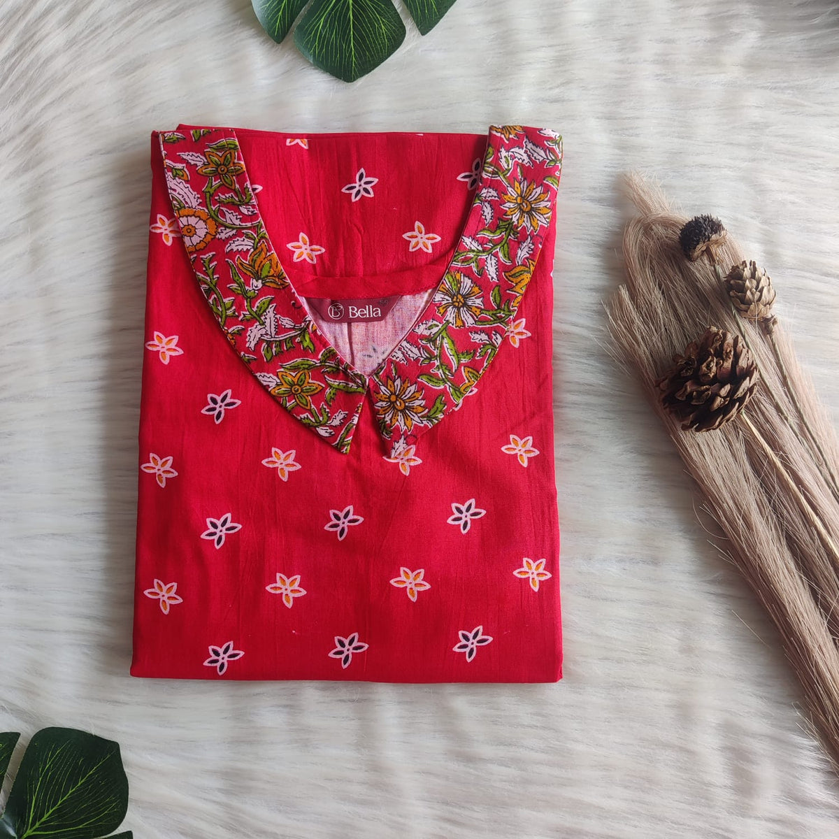 Green And Red Printed Premium Cotton Peter Pan Collar Nighty | Free Size | Chest Width 44″| Length 55″-56″