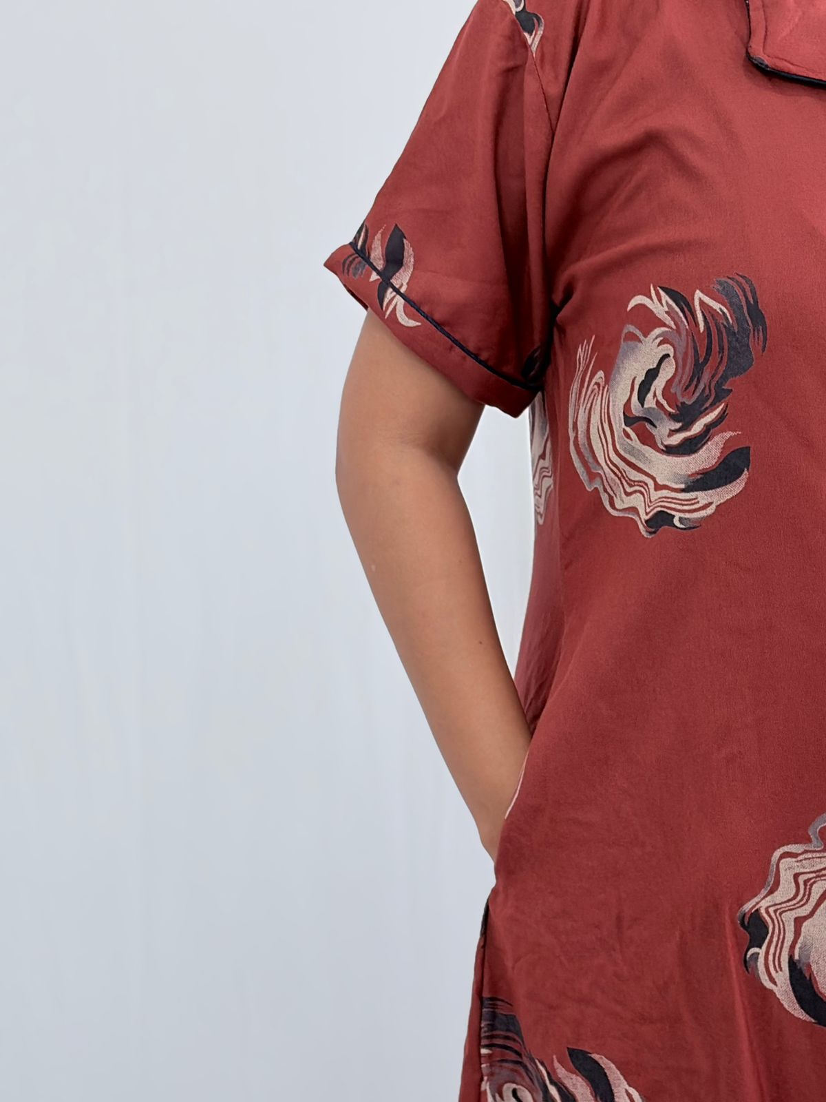 Rust Brown Floral Printed Alpine Full Open Long Polo Shirt Dress | Side Pocket | Free Size | Chest Width 44″| Length 44″