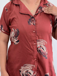 Rust Brown Floral Printed Alpine Full Open Long Polo Shirt Dress | Side Pocket | Free Size | Chest Width 44″| Length 44″