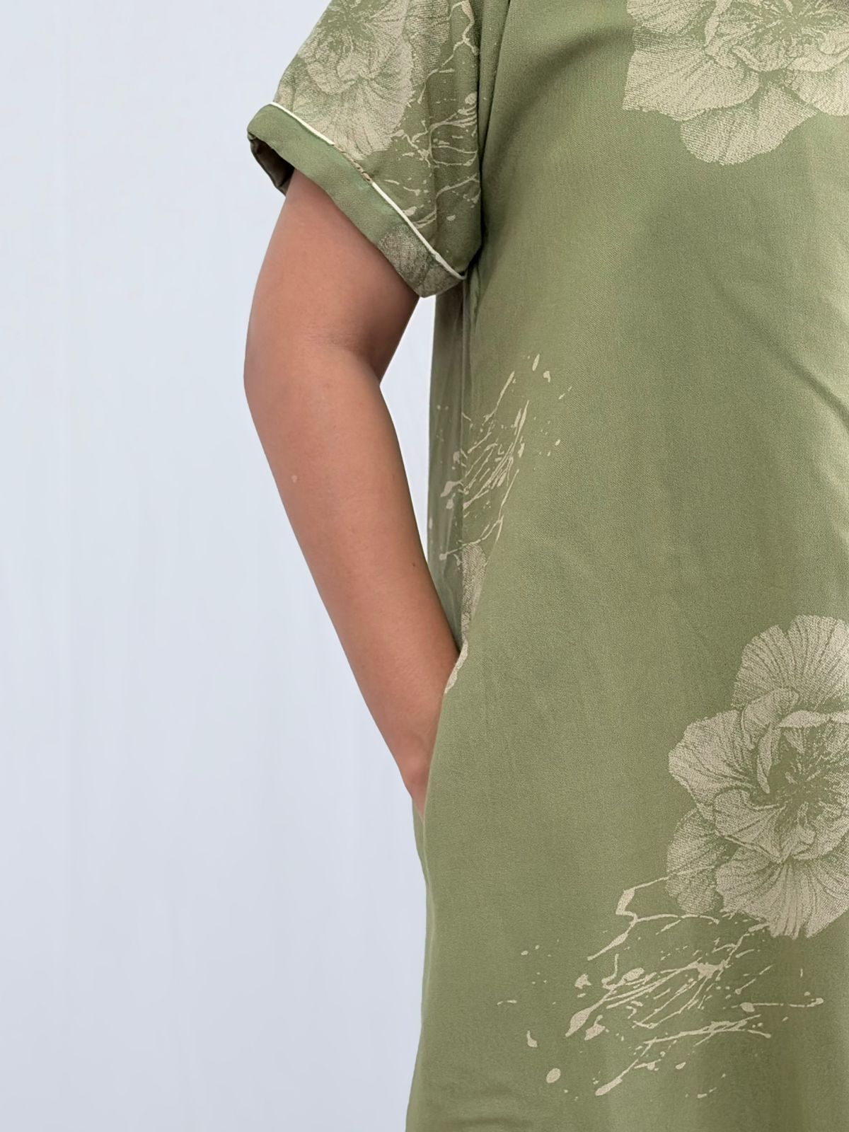 Pastel Green Floral Printed Alpine Full Open Long Polo Shirt Dress | Side Pocket | Free Size | Chest Width 44″| Length 44″