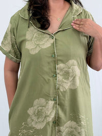 Pastel Green Floral Printed Alpine Full Open Long Polo Shirt Dress | Side Pocket | Free Size | Chest Width 44″| Length 44″