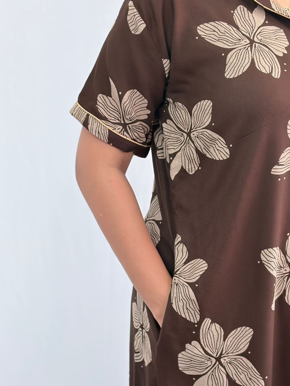 Coffee Brown Floral Printed Alpine Full Open Long Polo Shirt Dress | Side Pocket | Free Size | Chest Width 44″| Length 44″