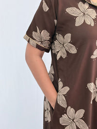 Coffee Brown Floral Printed Alpine Full Open Long Polo Shirt Dress | Side Pocket | Free Size | Chest Width 44″| Length 44″