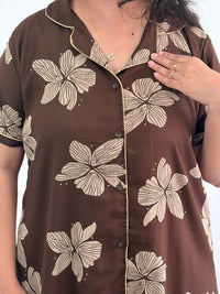 Coffee Brown Floral Printed Alpine Full Open Long Polo Shirt Dress | Side Pocket | Free Size | Chest Width 44″| Length 44″