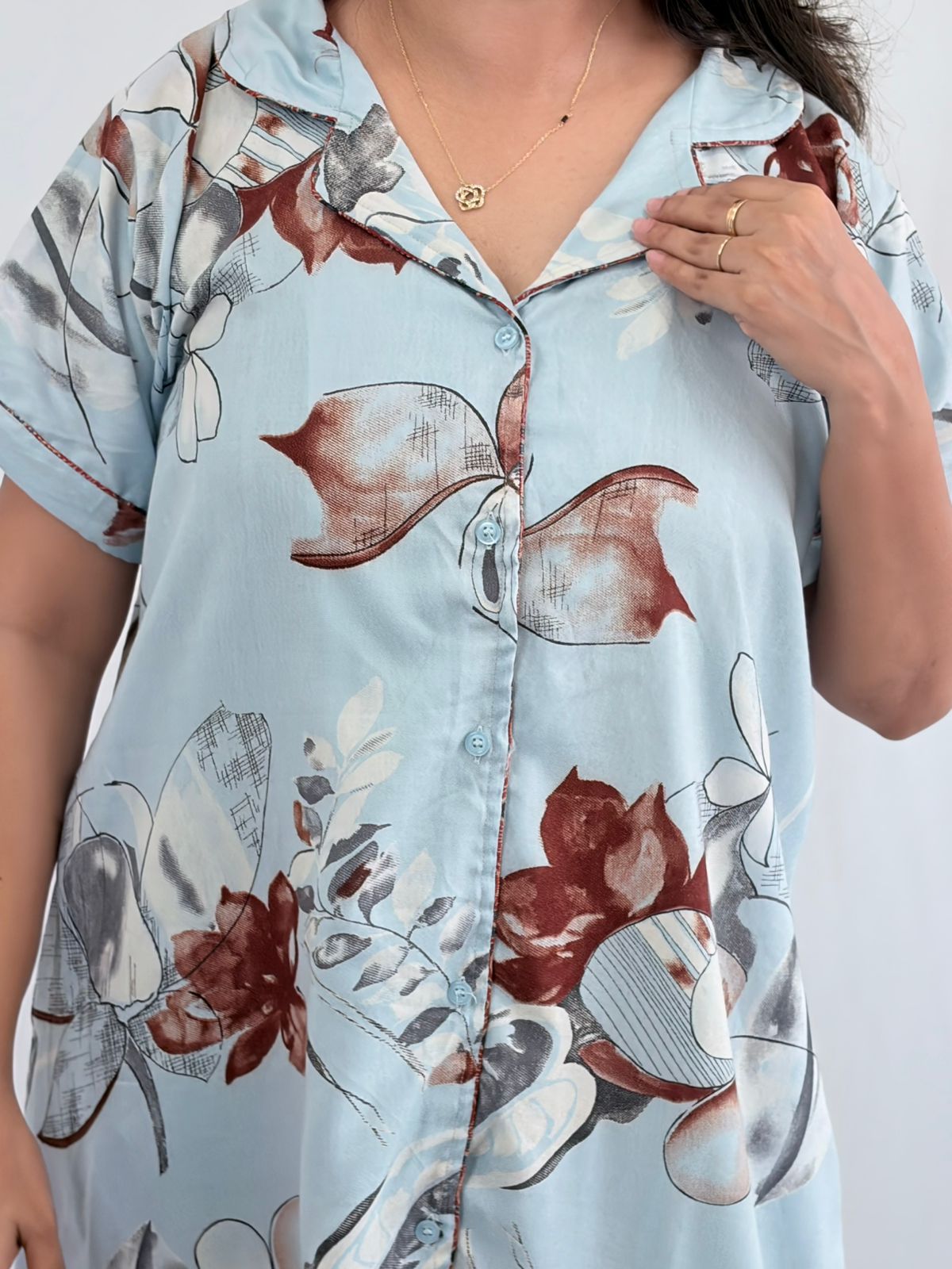 Aqua Blue And Brown Printed Alpine Full Open Long Polo Shirt Dress | Side Pocket | Free Size | Chest Width 44″| Length 44″