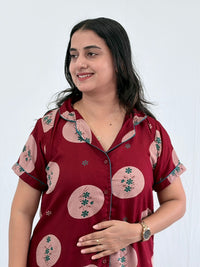 Maroon Floral Printed Alpine Full Open Long Polo Shirt Dress | Side Pocket | Free Size | Chest Width 44″| Length 44″