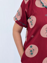 Maroon Floral Printed Alpine Full Open Long Polo Shirt Dress | Side Pocket | Free Size | Chest Width 44″| Length 44″