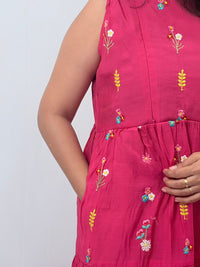 Pink Floral Embroidered Mul Chanderi Sleeveless Feeding Kurti With Two Side Invisible Zip | Free Size | 46" length