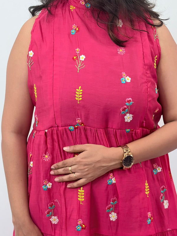 Pink Floral Embroidered Mul Chanderi Sleeveless Feeding Kurti With Two Side Invisible Zip | Free Size | 46" length