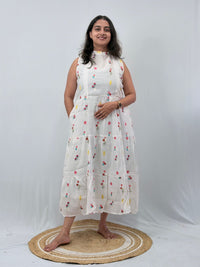 White Floral Embroidered Mul Chanderi Sleeveless Feeding Kurti With Two Side Invisible Zip | Free Size | 46" length