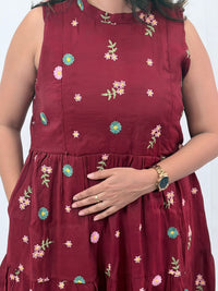 Maroon Floral Embroidered Mul Chanderi Sleeveless Feeding Kurti With Two Side Invisible Zip | Free Size | 46" length