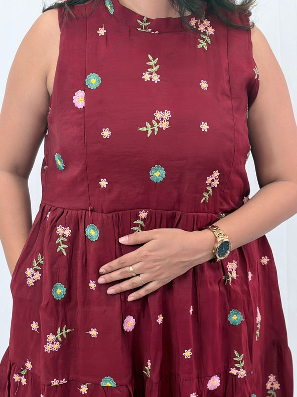 Maroon Floral Embroidered Mul Chanderi Sleeveless Feeding Kurti With Two Side Invisible Zip | Free Size | 46" length