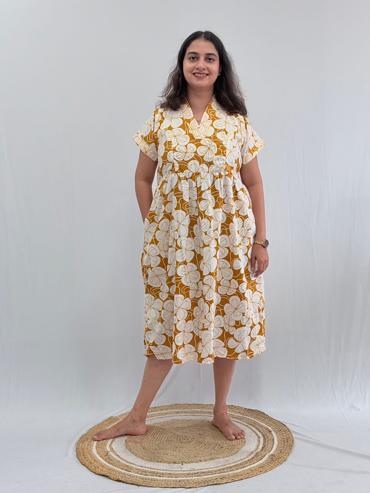 Yellow Floral Printed Premium Cotton V Collar Neck Short Maternity Gown | Free Size |