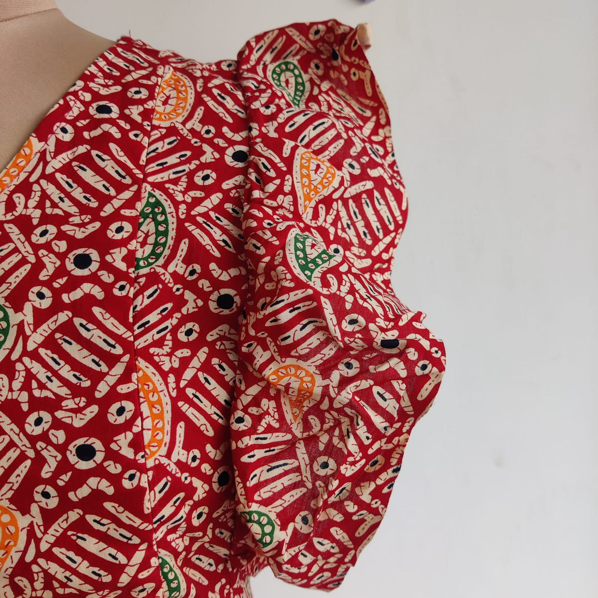 Garage Sale - Red Kalamkari Printed Gujari Cotton Ruffle Sleeve Short Maternity Gown